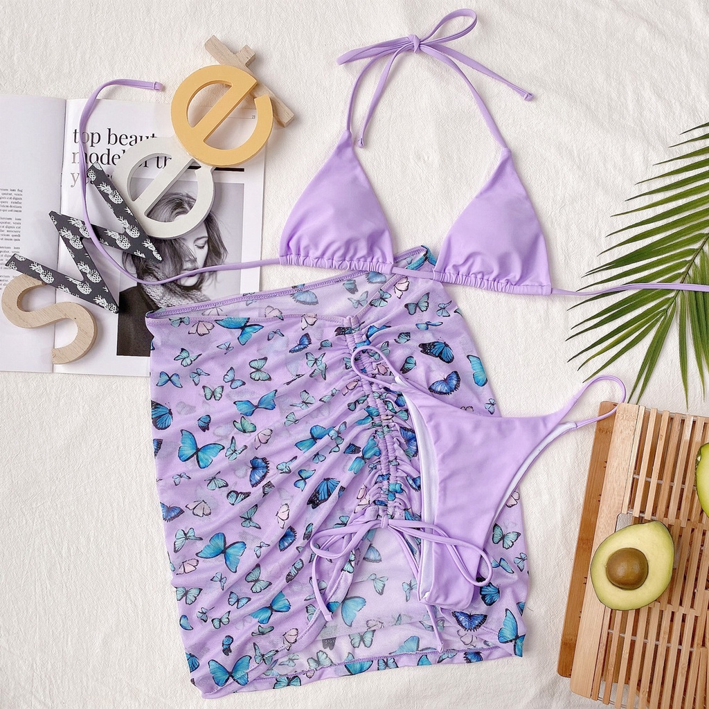 Bộ bikini 2 mảnh sexy Âu Mỹ kèm váy kín đáo hoạ tiết bướm màu trắng, tím