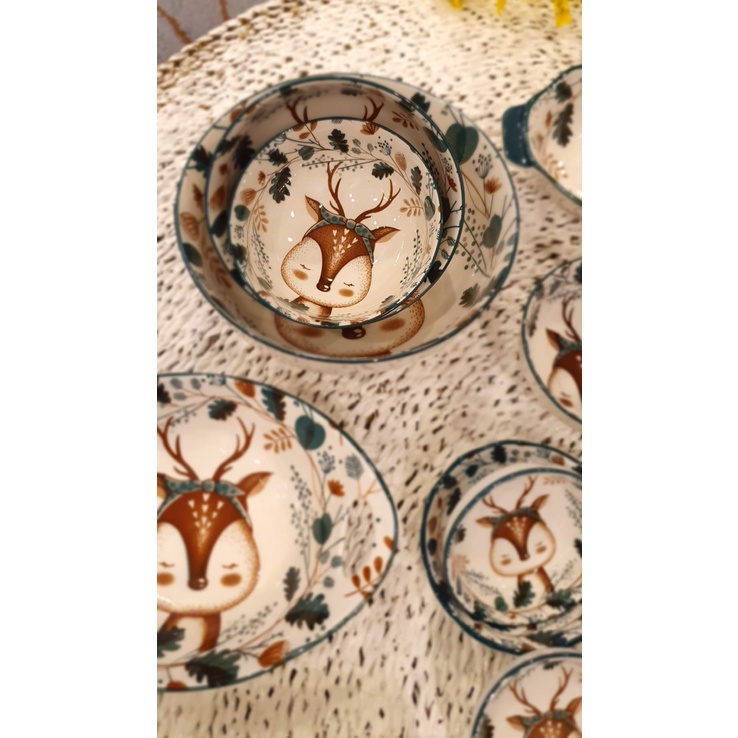 Bát Sứ Bát Ăn Cơm Bộ Bát Đĩa Decor Bộ Chén Dĩa Sứ set 9 món hươu cực đẹp