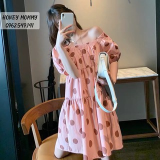 Váy Bầu Trễ Vai Tay Bồng Chấm Bi Màu Hồng Đầm Bầu Hè Ngắn Tay Đi Chơi Đi Tiệc HD2819 Honey Mommy