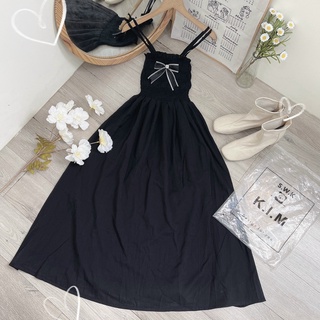 ĐẦM MAXI ĐEN NHÚN PHỐI NƠ 2 DÂY
