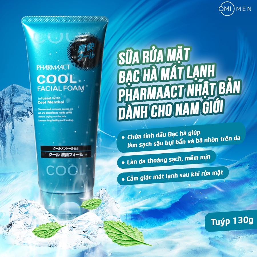 Sữa Rửa Mặt Bạc Hà Mát Lạnh, Làm Sạch Sâu Cho Nam Giới Pharmaact Cool Facial Foam Nhật Bản (130g)