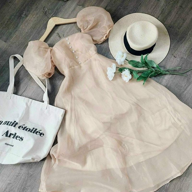 Váy trắng dự tiệc tiểu thư tay phồng cổ vuông | BigBuy360 - bigbuy360.vn