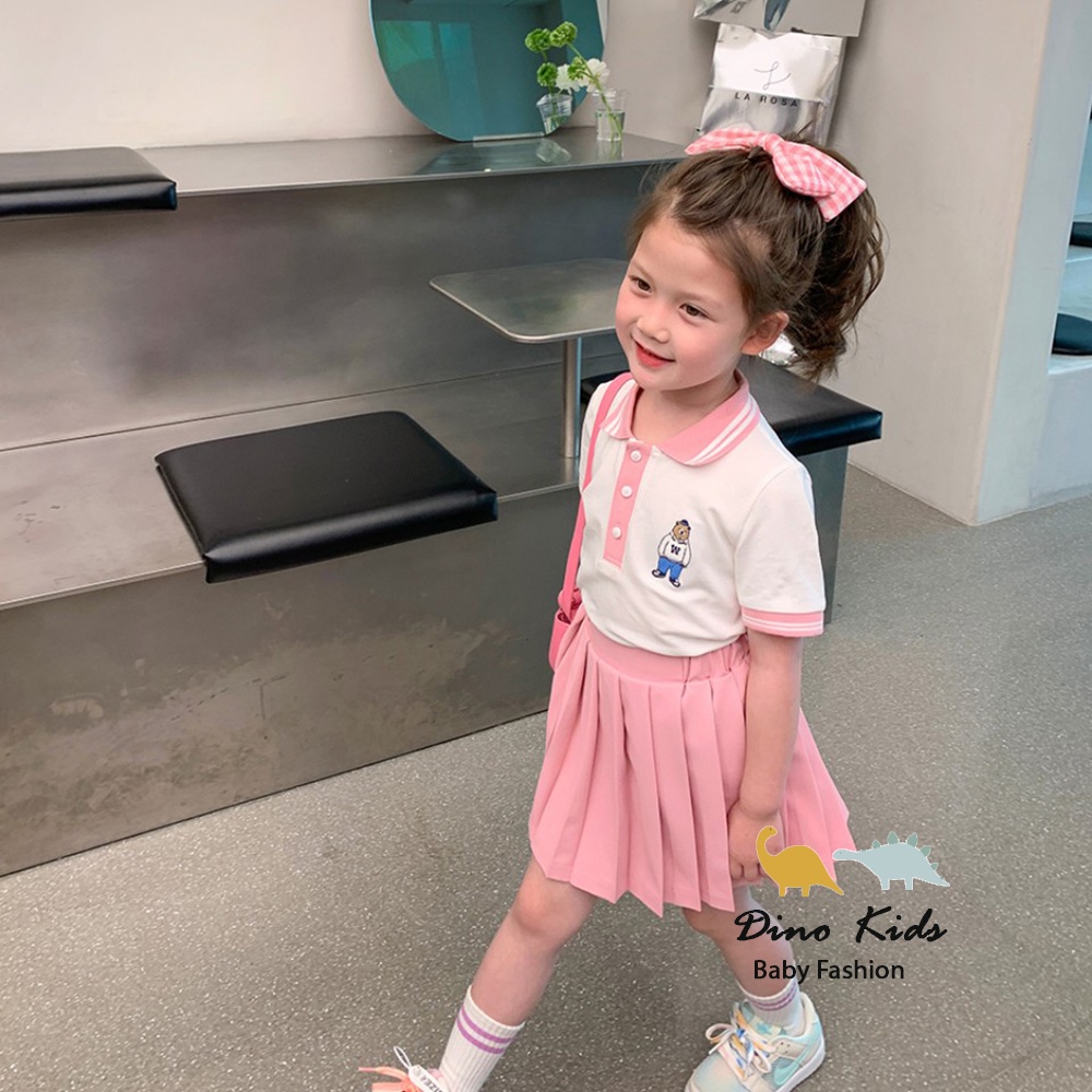 Đồng phục học sinh, váy cho bé gái, set áo polo kèm chân váy hồng xinh xắn cho bé size 12-32kg ( váy có lớp lót)