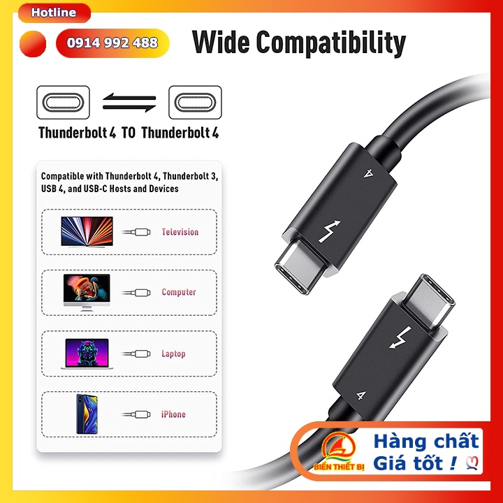 Cáp Thunderbolt 4 Male to Male dài 2M tốc độ 40GB hình ảnh 8K sạc nhanh 5A/100W PD