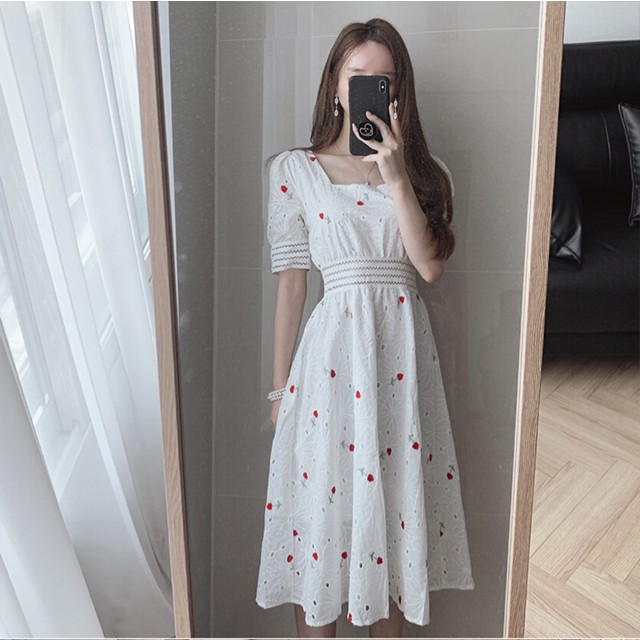 Đầm hoa phối ren tay bồng cổ vuông thanh lịch - ảnh thật ở cuối - psyche | BigBuy360 - bigbuy360.vn