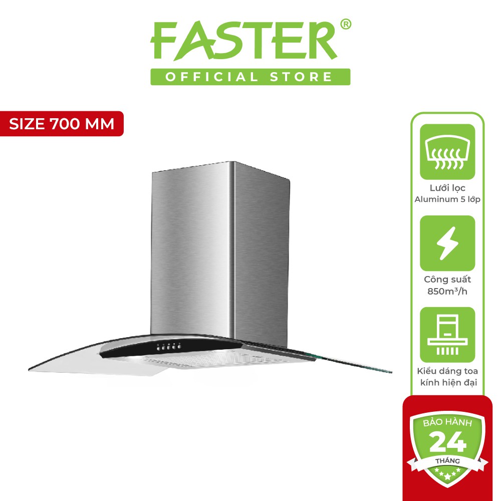 Máy hút mùi FASTER FSN 3388C1 vòm ​kính size 70/90cm lưới lọc Aluminum 5 lớp - Bảo hành Chính hãng 24 tháng