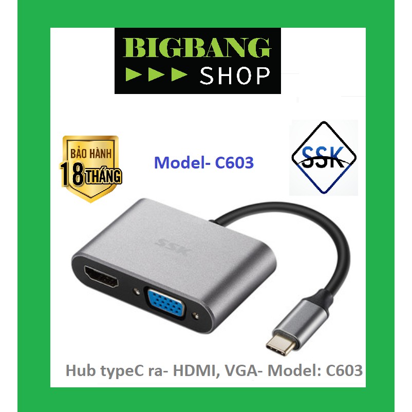 HUB type-c – Ra cổng HDMI và VGA – C603 cao cấp có tặng kèm túi bảo vệ