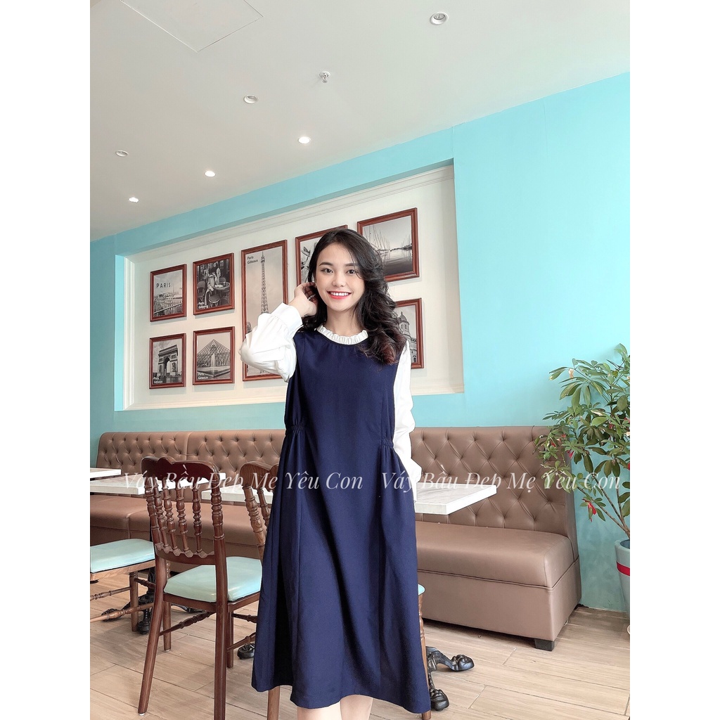Váy Bầu Thu Đông - Đầm Bầu GUME màu xanh than dáng suông dài tay MYC 6M