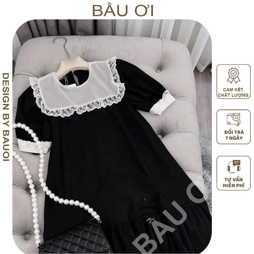 [BAUOI V104] VÁY BẦU THỜI TRÀNG THIẾT KẾ CHÁT LỤA HÀN FREESIZE TỪ 45-70G - ĐẦM BẦU CÔNG SỞ DÁNG SUONG CỔ PHỐI REN