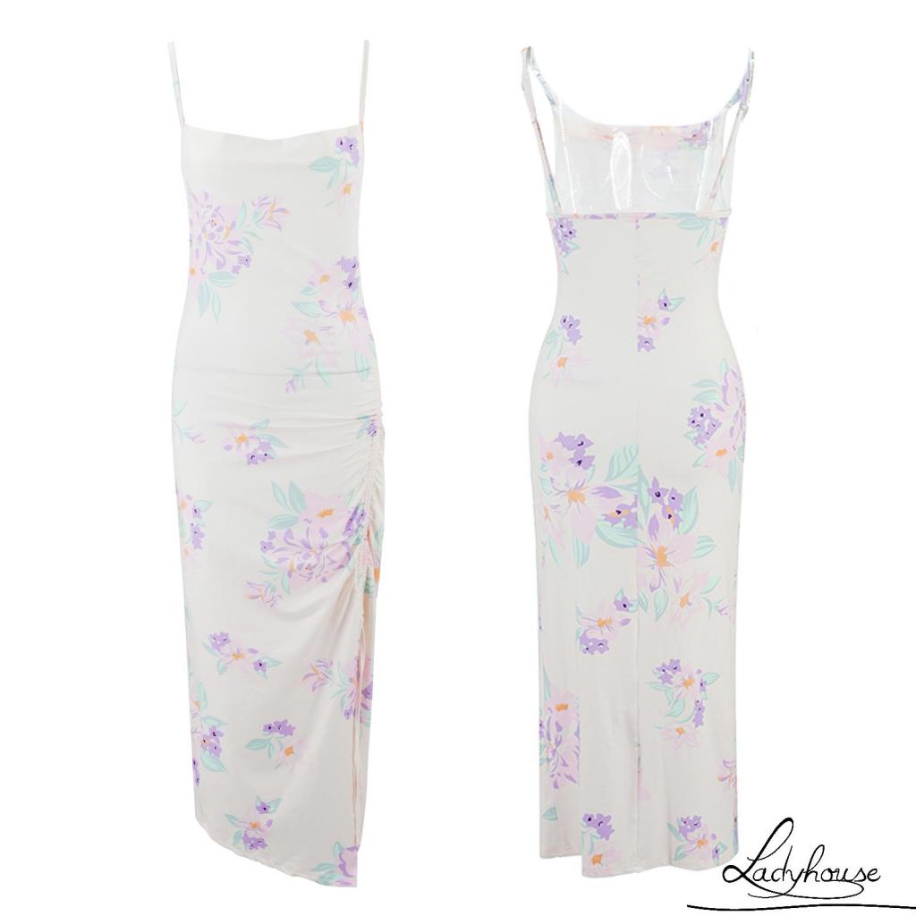 Ldd-đầm Dài Hai Dây Rút Eo Cao Xẻ Tà Cao In Họa Tiết Hoa Cho Nữ