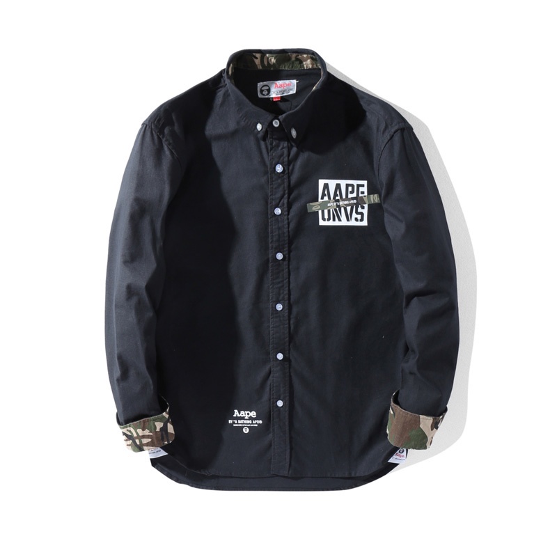 ❀▤Áo Sơ Mi Tay Dài Cổ Đứng Dáng Rộng In Chữ AAPE Phối Màu Đen Trắng Họa Tiết Rằn Ri Đính Nút Cá Tính Cho Nam Và Nữ
