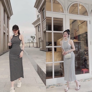 Váy nữ đầm body maxi 3 lỗ kẻ váy body váy maxi sang chảnh Annastore
