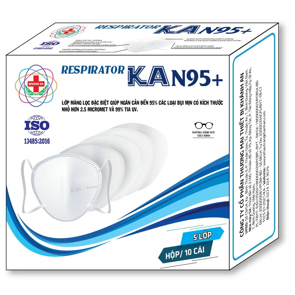 Khẩu trang y tế 5 lớp Khánh An KA N95+ kháng khuẩn màng lọc ngăn 95% bụi mịn nhỏ hơn 2.5 micromet và 99% tia UV