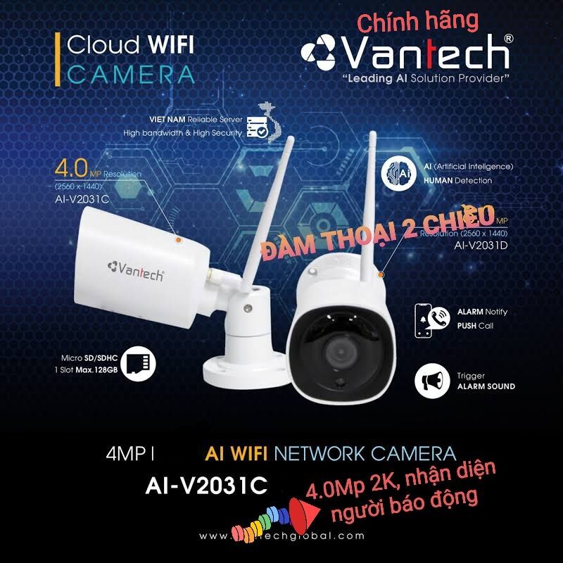 Camera ngoài trời chống nước Wifi 4MP VANTECH AI-V2031C kèm 32G/64G