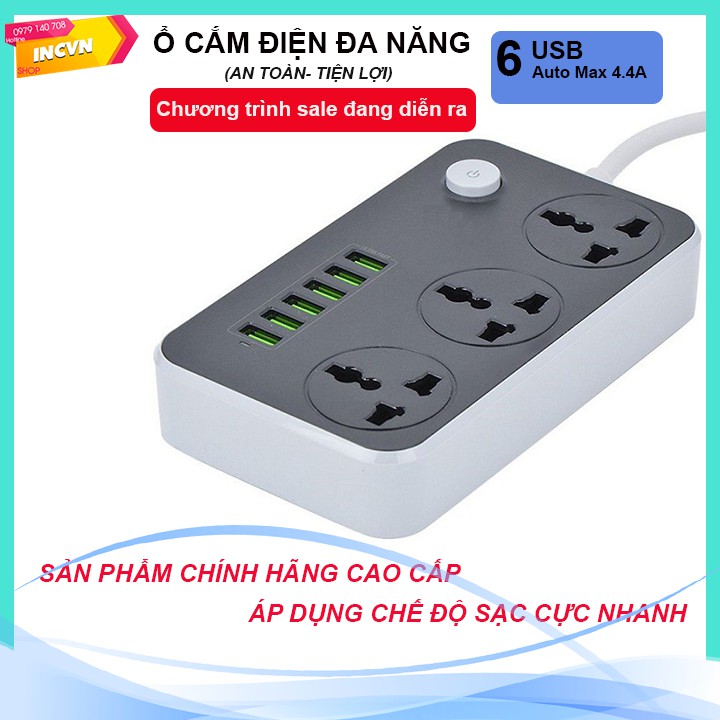 Ổ điện đa năng, Ổ cắm điện thông minh 6 cổng USB sạc nhanh 4.4A an toàn chống giật,chống cháy nổ