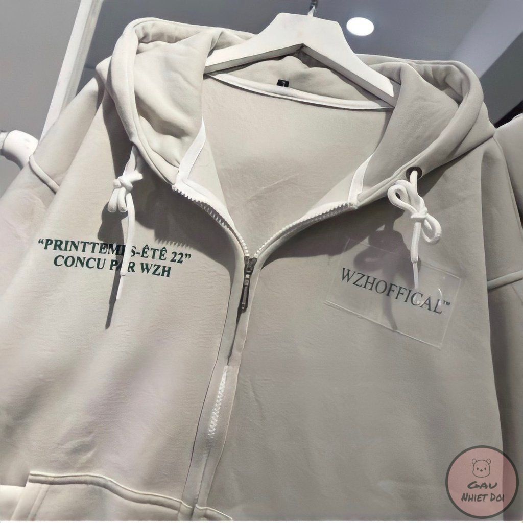 Áo Hoodie Khóa Zip Kiểu Dáng Unisex In Chữ WZHOFFICAL Nỉ Ngoại 2 Màu Xám/Trắng Thời Trang Nam/Nữ