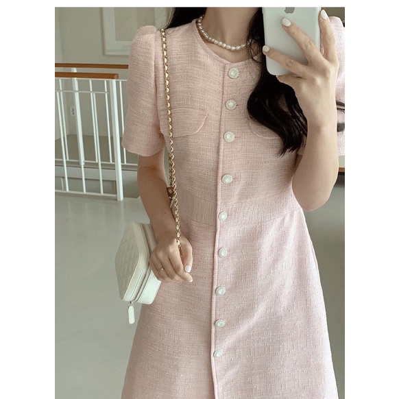 Váy dạ tweed chữ A ngắn tay cổ tròn khuy ngọc giành cho nữ