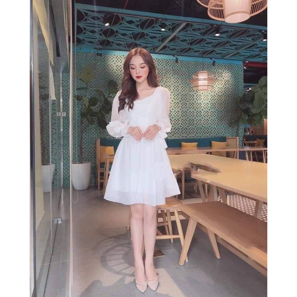 Váy Nữ, Đầm trắng dáng xòe cổ vuông phối nút bọc tay nơ | BigBuy360 - bigbuy360.vn