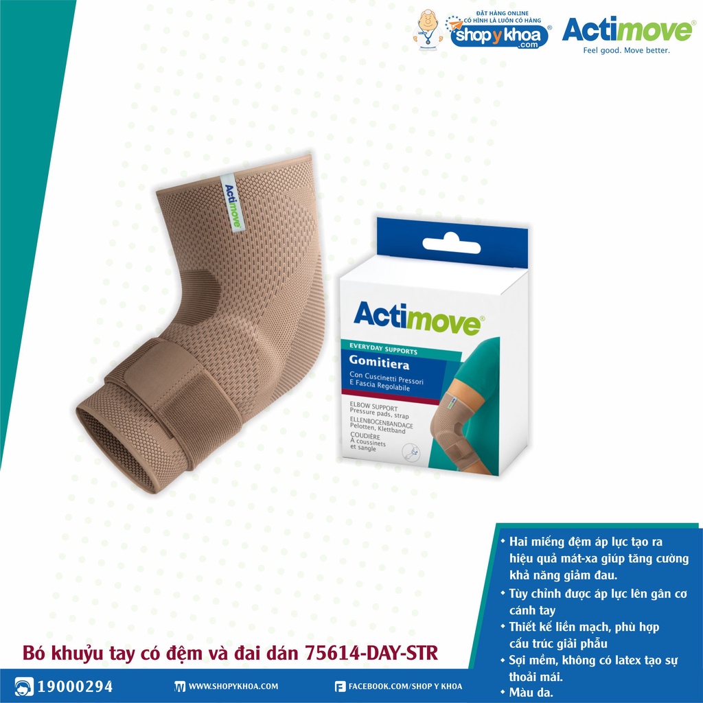 Bó Khuỷu Tay Có Đệm Giảm Đau, Dây Đai Dán Tùy Chỉnh Áp Lực 75614-DAY-STR, Màu Da [Actimove] - Nhập Khẩu Châu Âu (1 Cái)