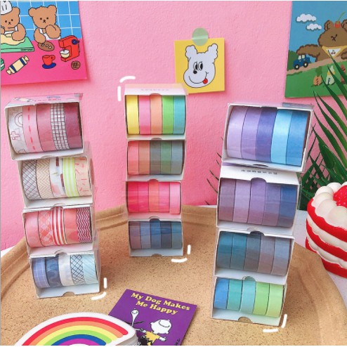 combo 5 cuộn băng dính kẻ caro hoa văn Băng dính washi tape đơn kpop