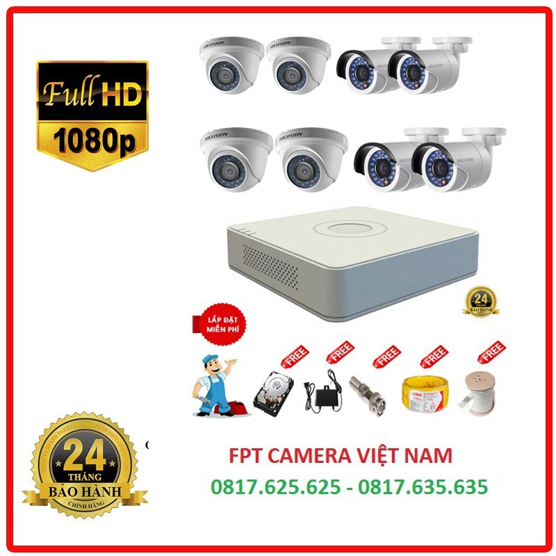 Trọn Bộ 8 Camera Hikvision Full Hd+Đầu ghi hình 8 kênh full Hd phụ kiện đầy đủ