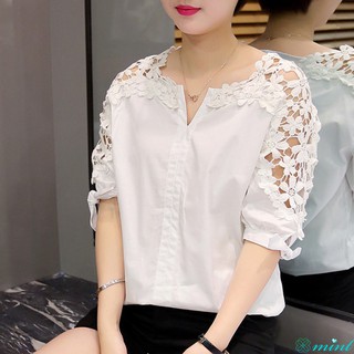 Áo kiểu tay ngắn phối ren hoa cho phái nữ áo nữ