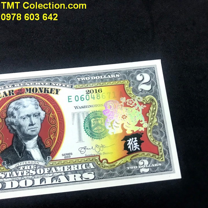 Quà kỷ niệm 2 USD con Khỉ 2016, in hình chú Khỉ mạ vàng bằng lớp keo vàng phản quang - TLX063