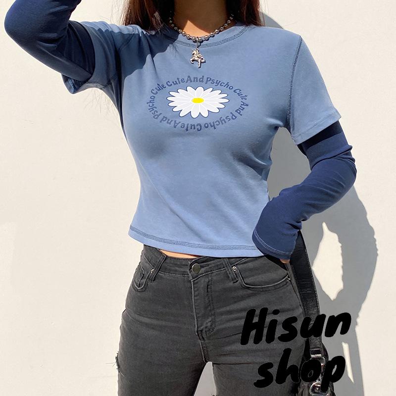 ☀Sun❤Women Casual Long Sleeve T-shirt, Blue Round Collar Letters and Floral Printed Pattern Tops