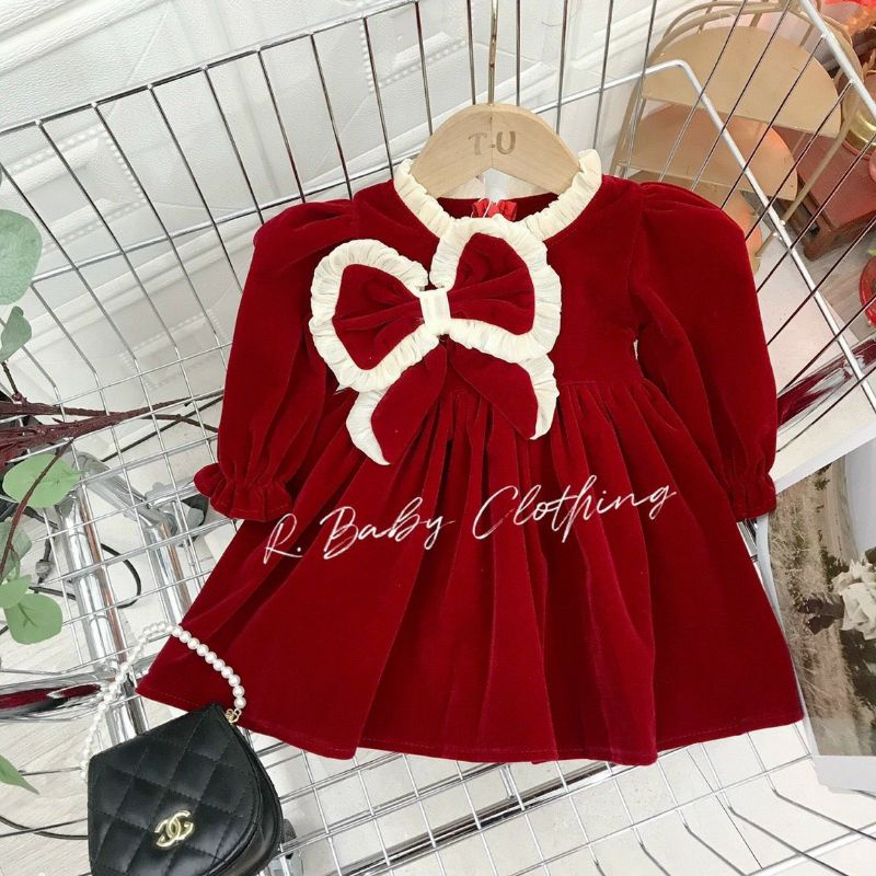 Váy nhung  cổ tiểu thư tay bồng cho bé gai