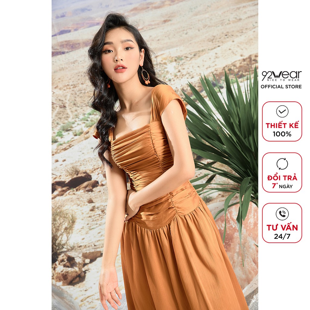 Đầm maxi dài 92WEAR váy lụa thiết kế sát nách rút nhún thân trên DMA1965