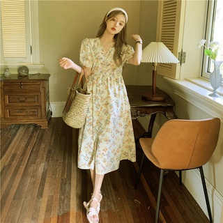 Váy Hoa Nhí Cổ V Body Ulzzang Tay Bồng , Đầm nữ vintage thiết kế dáng ngắn du lịch biển mùa hè thời trang Hiva Cloth