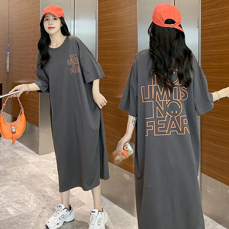 [LININ] Đầm Thun Dài Qua Gối Tay Ngắn Dáng Rộng Xẻ Tà Phong Cách Mới Cho Nữ
