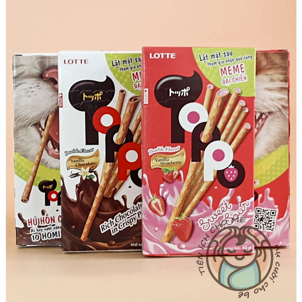 Bánh que socola Toppo Lotte vỏ giòn tan, kẹo thanh chocolate kem vani hộp 40 vị socola, dâu