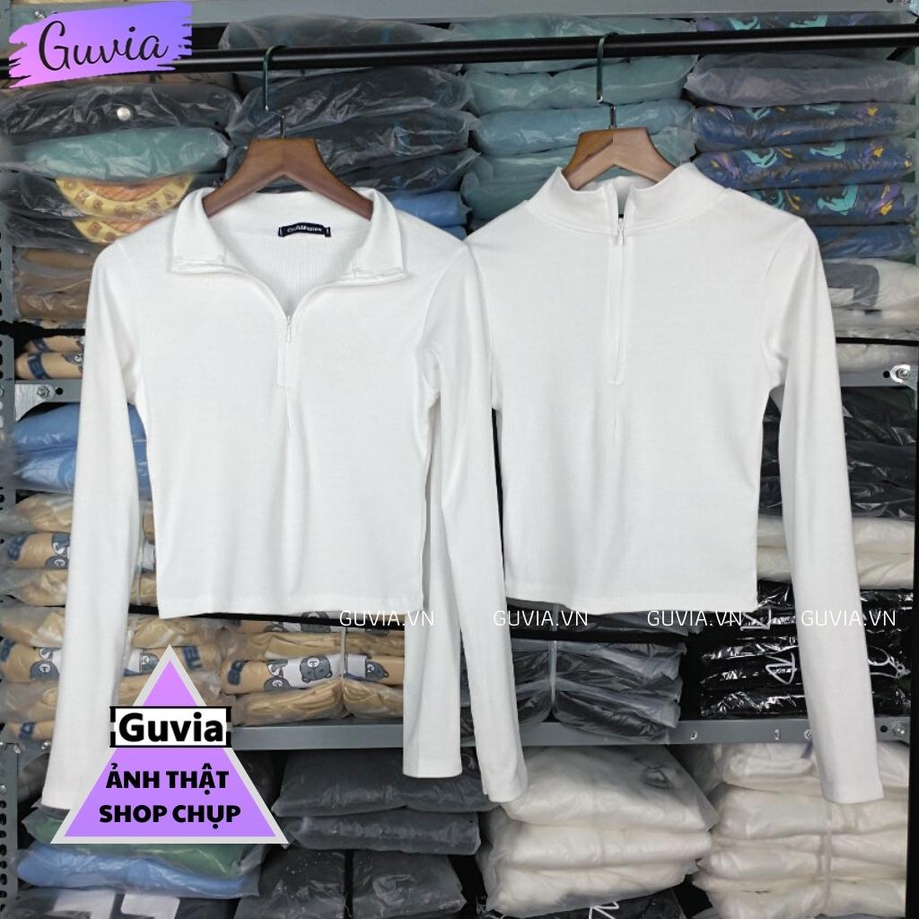 Áo Croptop Tay Dài CỔ CAO DÂY KÉO Thun Gân Ôm Body Sexy Ulzzang GUVIA
