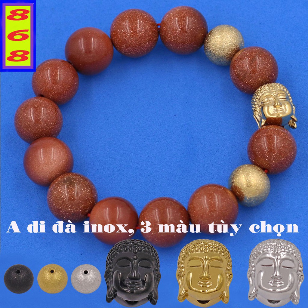 Chuỗi tay Kim Sa Nâu 14 ly charm Phật A Di Đà inox 2 bi VKSNLVHB14 - hợp mệnh Kim, mệnh Thổ