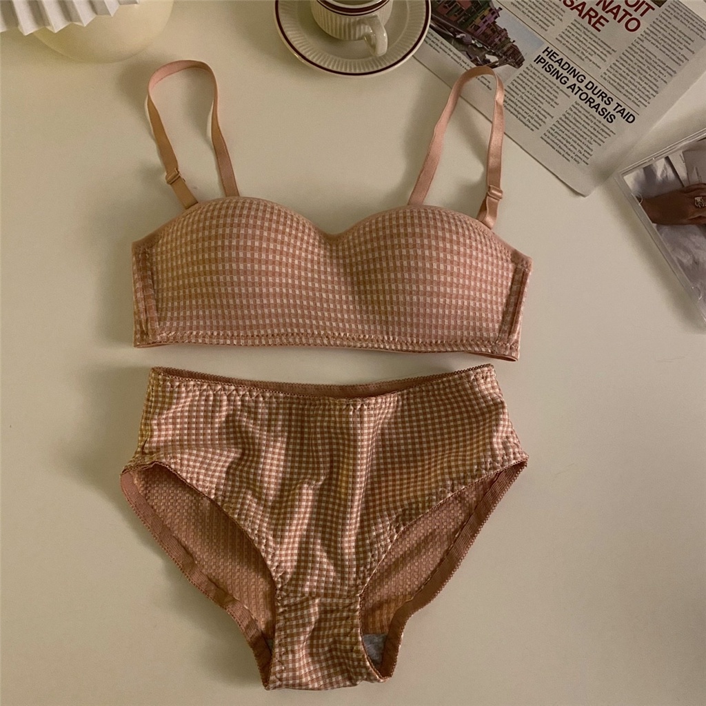 1 Bộ Đồ Lót Nữ Họa Tiết Kẻ Sọc Caro + Áo Ngực Mềm Không Dây Có Thể Tháo Rời | BigBuy360 - bigbuy360.vn