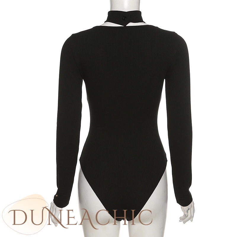 DUNEA Áo liền quần tay dài phối lưới cổ chữ U