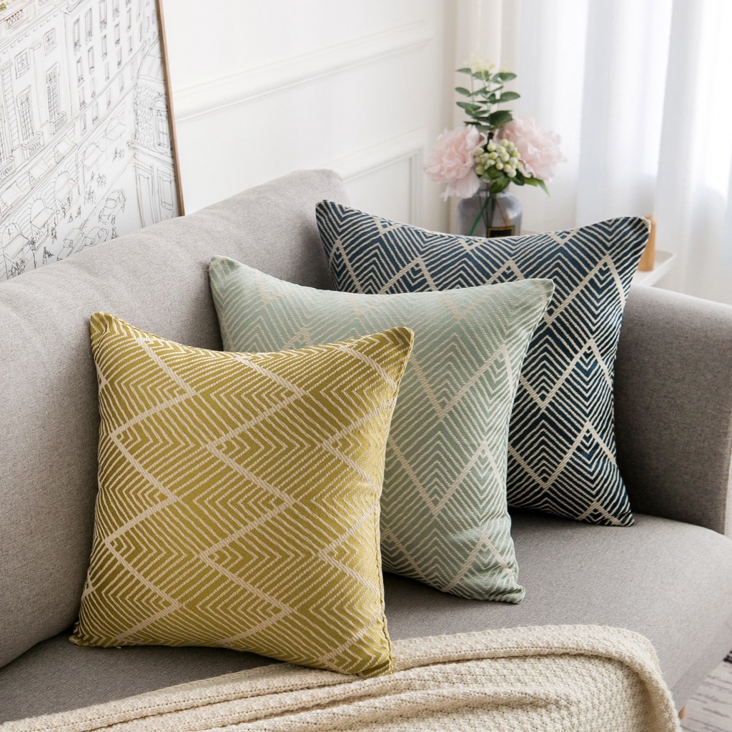Vỏ gối cotton 60x60cm họa tiết gợn sóng có khóa kéo đơn giản trang trí phòng khách