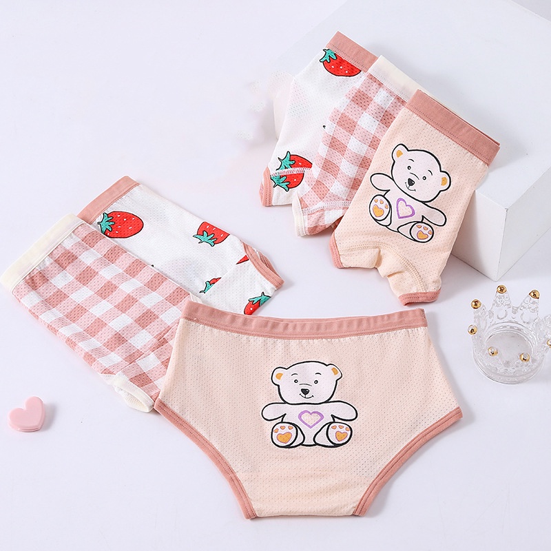 3 quần lót boxer bằng vải cotton có in hoạt hình gấu thỏ dễ thương dành cho bé gái