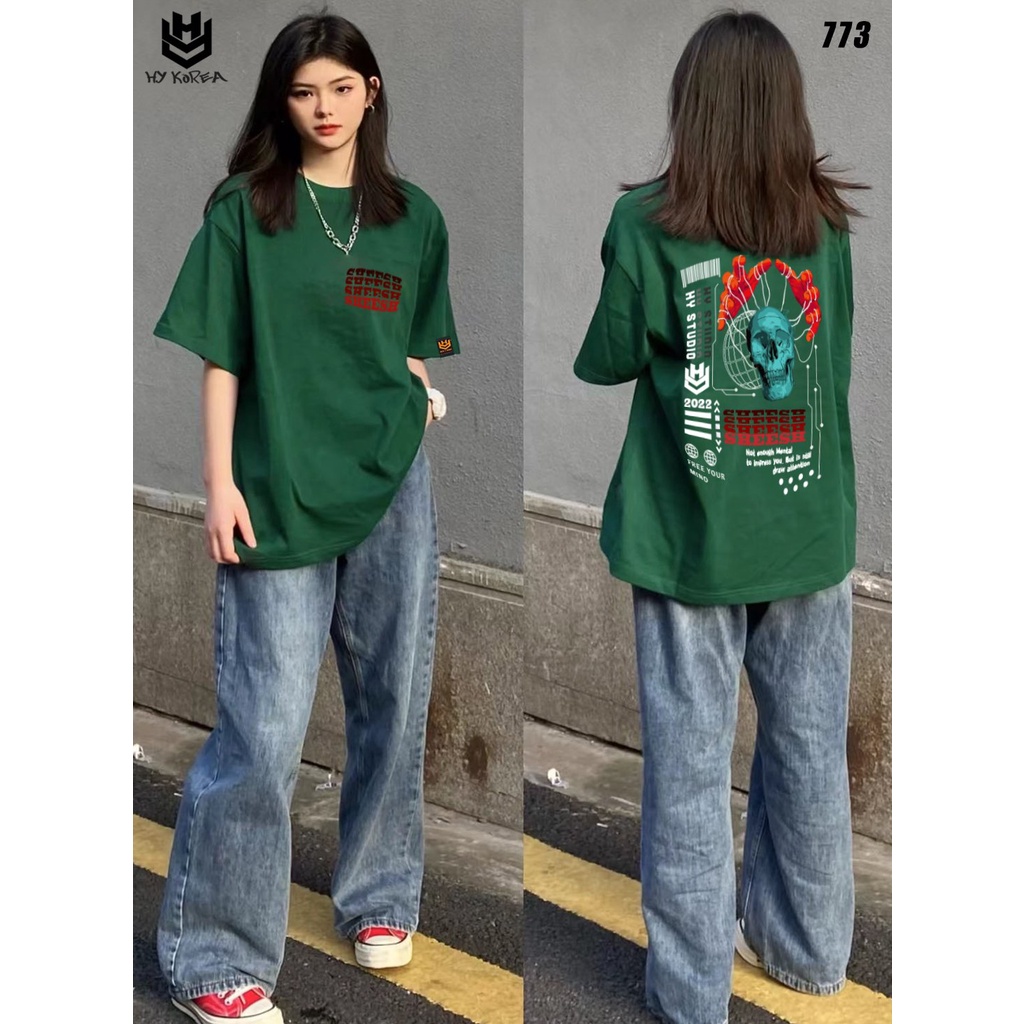 Áo thun nam tay lỡ HY KOREA nam nữ form rộng in hình Tay ôm Đầu lâu 773