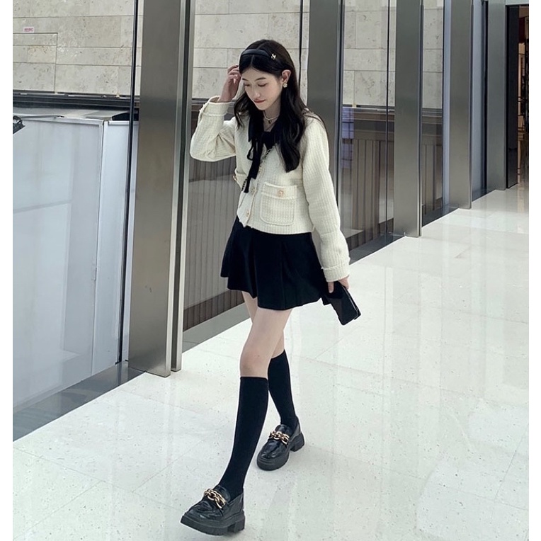 Set Áo Dạ Tweed Trắng Mix Chân Váy Dạ Xếp Li (Hàng QC Loại 1) Set Dạ Quảng Châu Đẹp