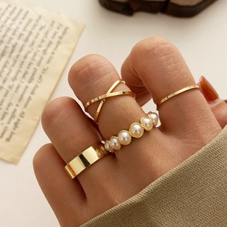 Bộ 4 nhẫn đính ngọc trai nhân tạo dạng hở phong cách cổ điển dành cho nữ