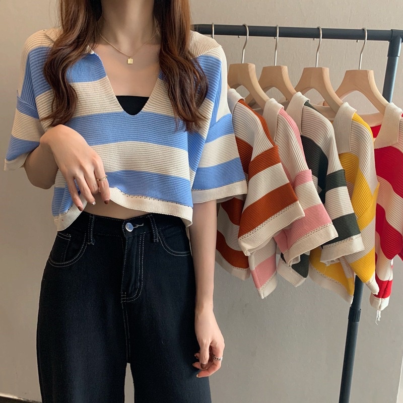 Áo croptop len tăm có cổ polo tay lỡ nhiều màu