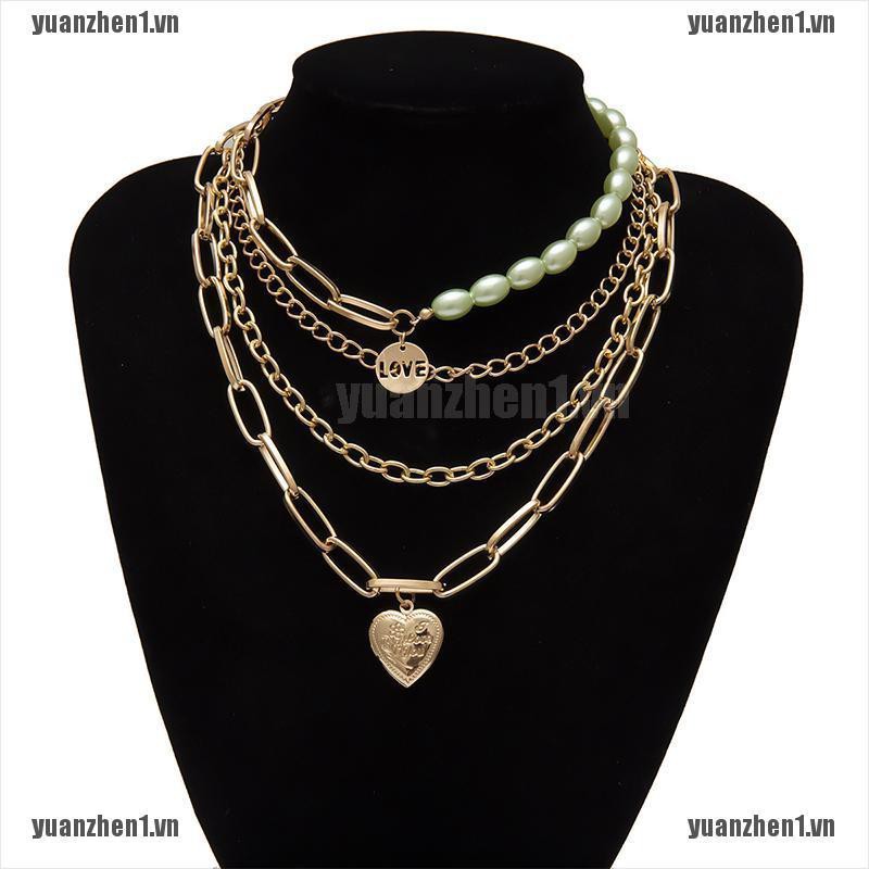 【YUANZHEN1】Pearl Hip Hop Love Heart Photo Locket Pendant Necklace Punk Layered