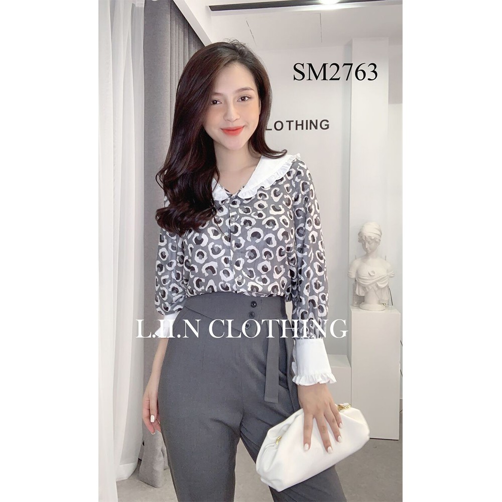 Áo kiểu nữ cao cấp Liin clothing chất liệu voan thoáng mát, màu xám cổ trắng thanh lịch SM2763