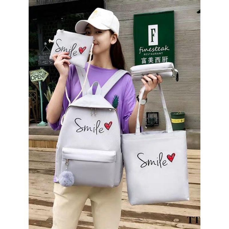 balo nữ ulzzang combo 4 món set smile ❤️ thời trang Hàn Quốc Vải bố Balo du lịch dễ thương đẹp đi học giá rẻ