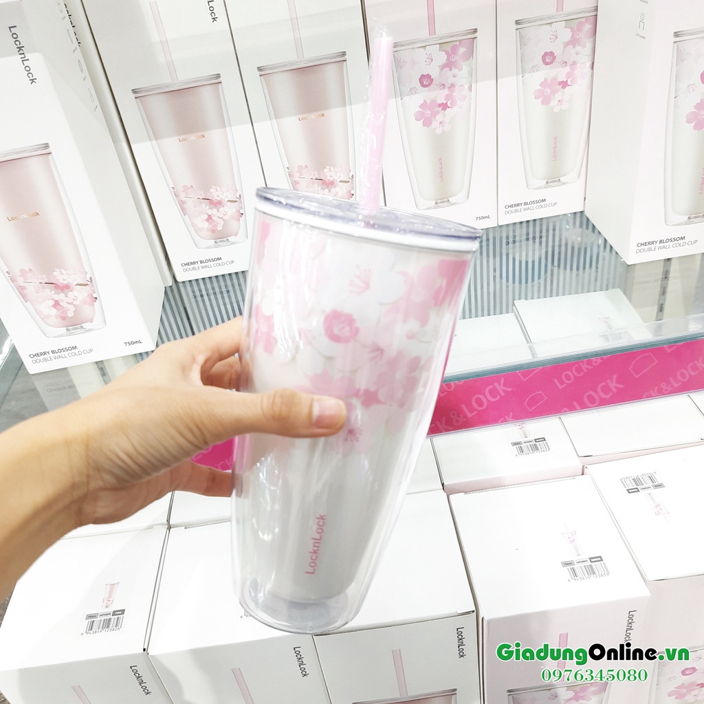 Ly Nhựa 2 lớp LocknLock Cherry Blossom Kèm Ống Hút HAP509WHT / HAP509PIK 750ml - Hàng chính hãng