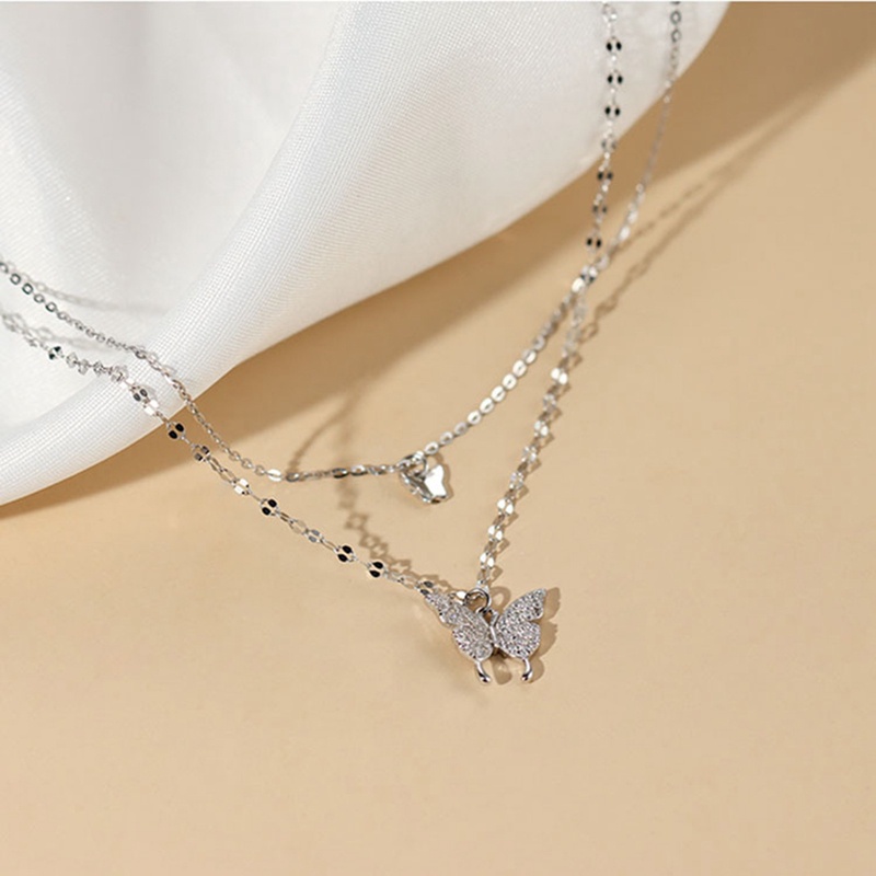 Vòng Cổ Choker Hai Lớp Bằng Bạc Mặt Hình Bướm Đính Đá Zircon Màu Sắc Ngọt Ngào Phong Cách Hàn Quốc Dành Cho Nữ