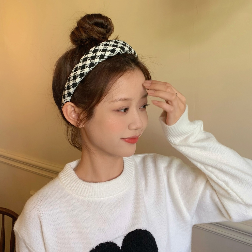 Băng đô cài tóc họa tiết kẻ ô đơn giản đa năng cho nữ