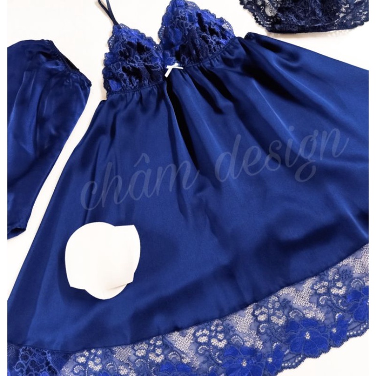 Váy ngủ lụa satin xanh tím than chân ren gắn nơ nhỏ màu xanh nhẹ nổi bật. Hàng thiết kế độc quyền